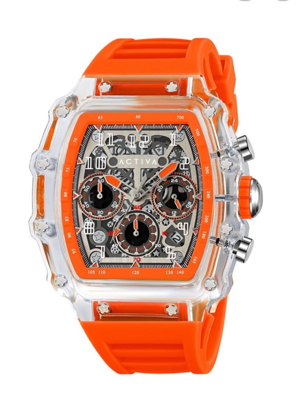 Activa Watch w/ Skeleton Dial 44.3mm, Orange strap/clear face (ACW2305-003)